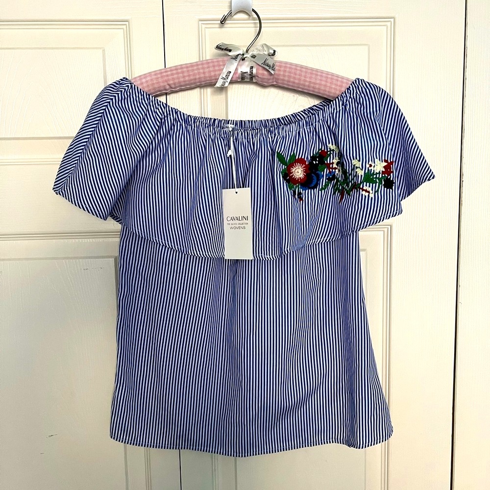 NWT Cavalini Blue/White Stripe Off The Shoulder Ruffle Top